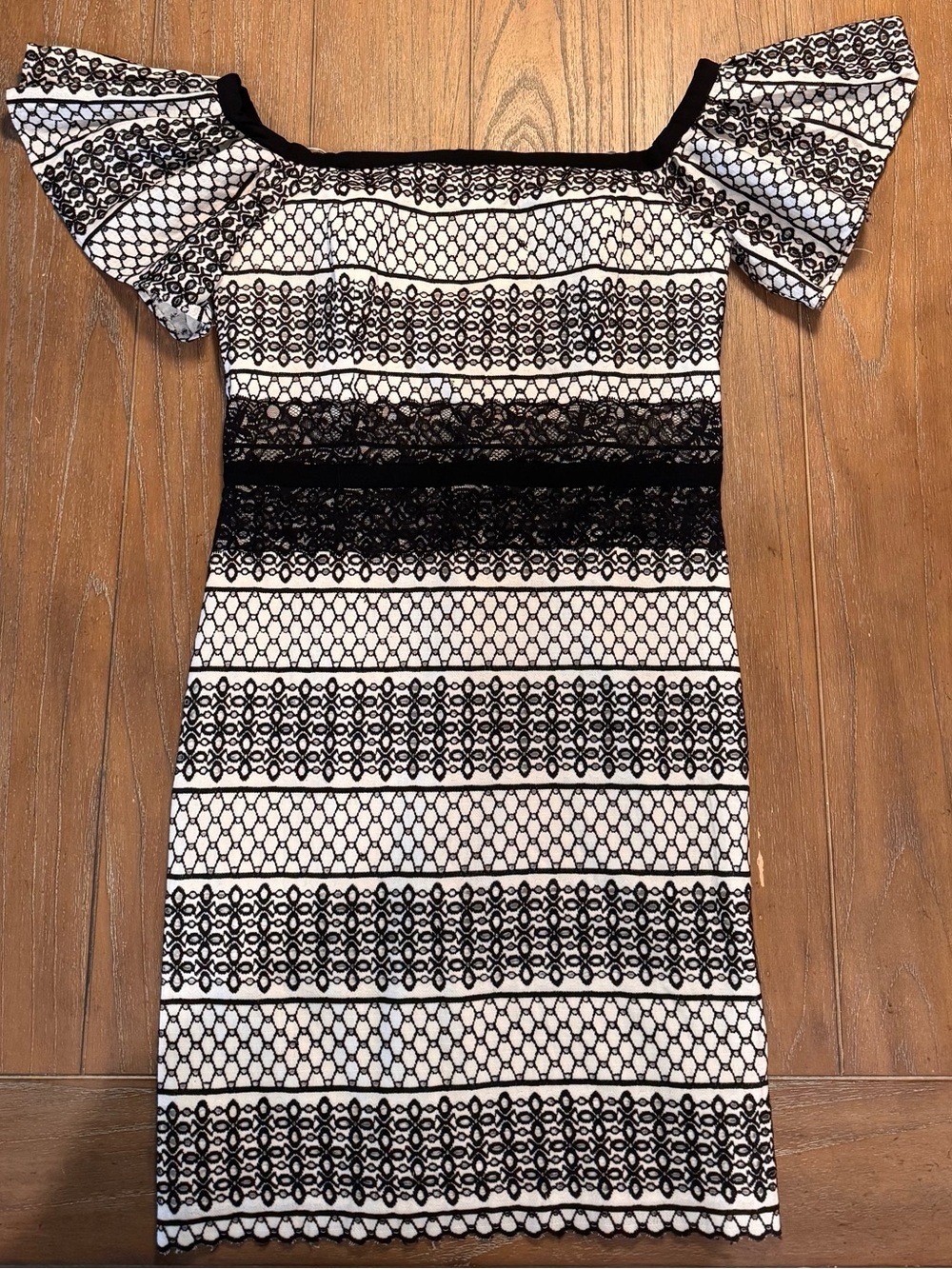 H by Halston Black and White Striped Lace Off-Shoulder Mini Dress